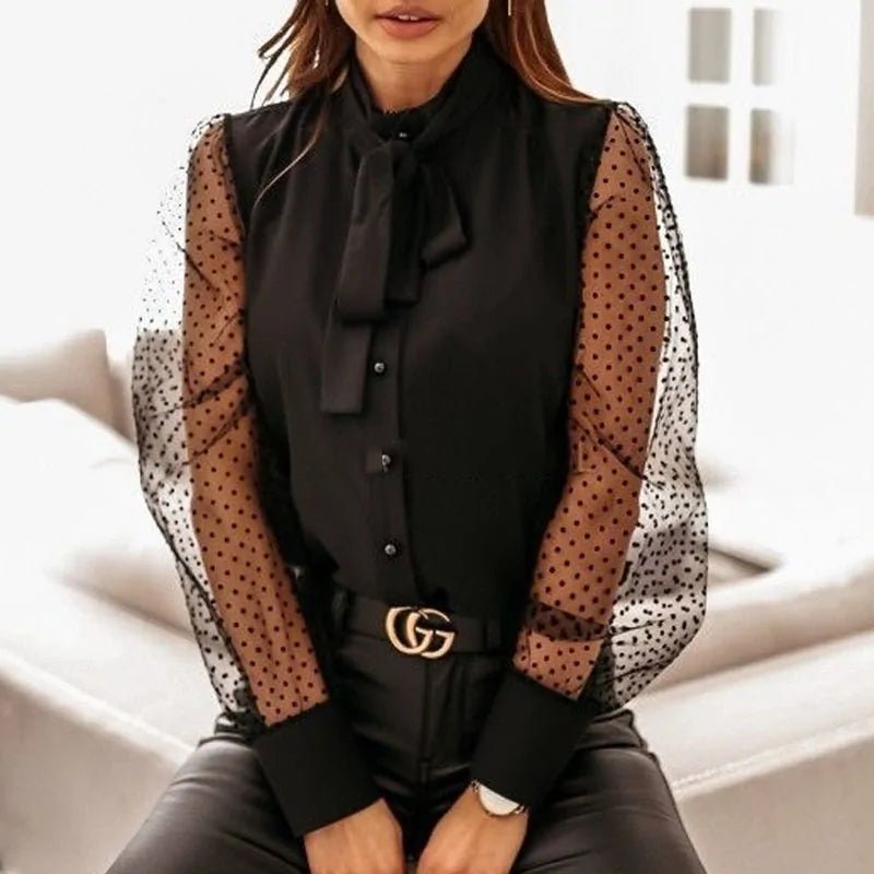 2025 Elegant Bowknot Button Blouse Mesh Sleeve Patchwork Blusa Tops - SensorySoft