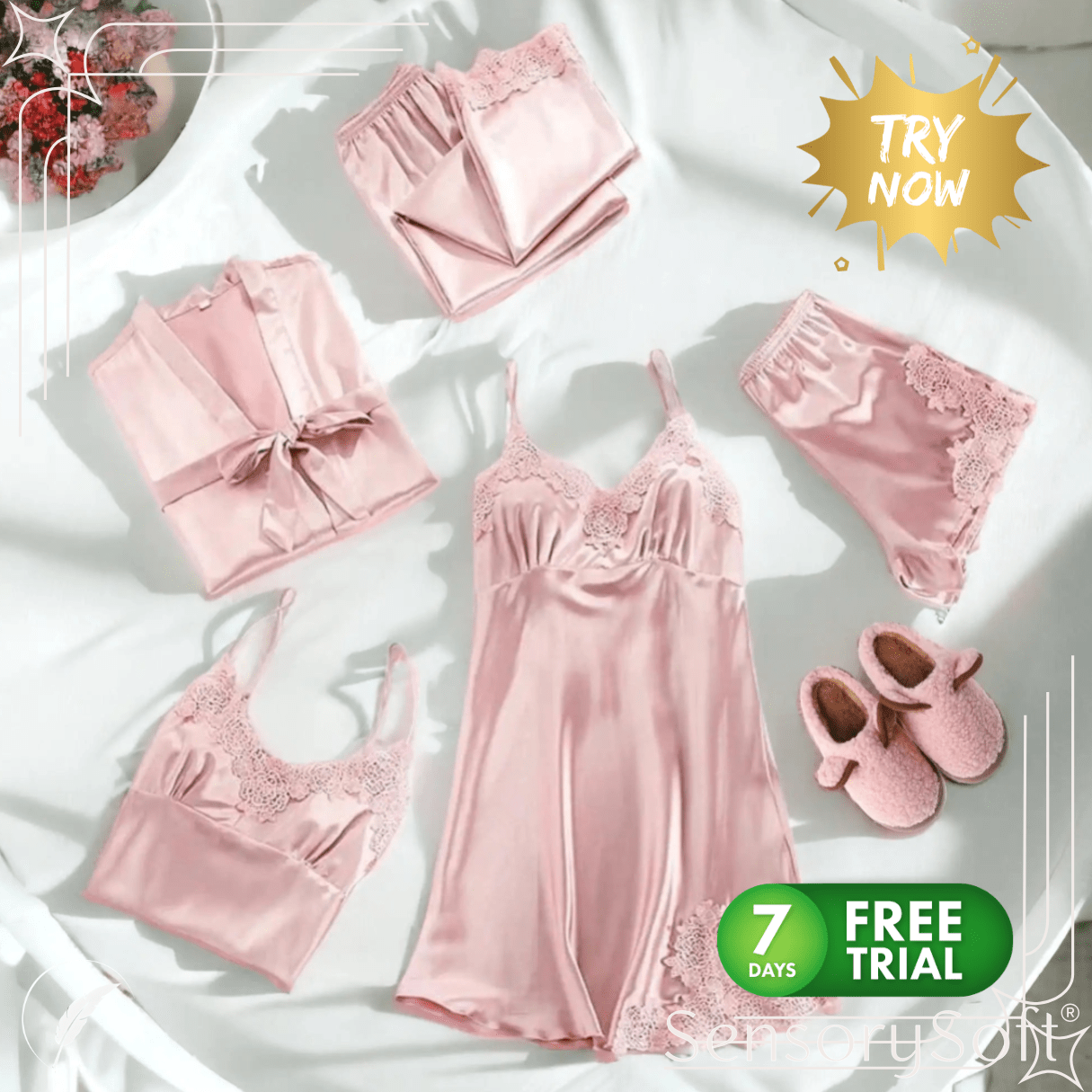 5 - Piece Satin Pajama Sleepwear Set – Luxury, Lace and Layered Elegance - SensorySoftShop