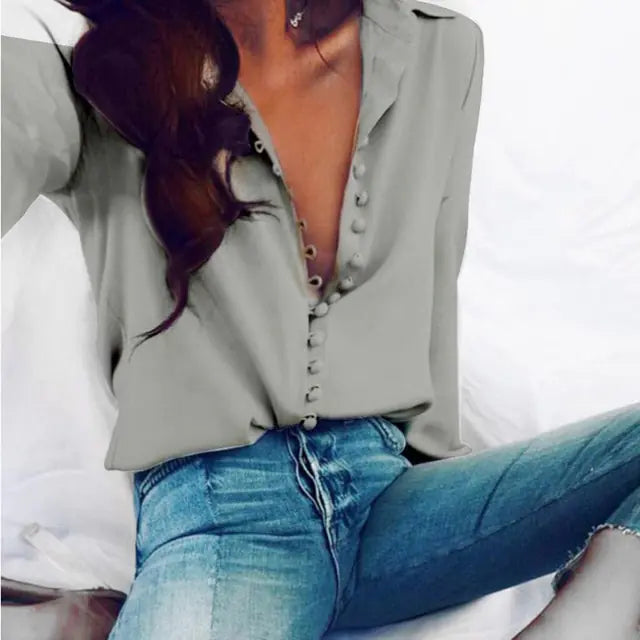 Fashion Casual Solid Color Ladies Sexy Long Sleeve Blouse