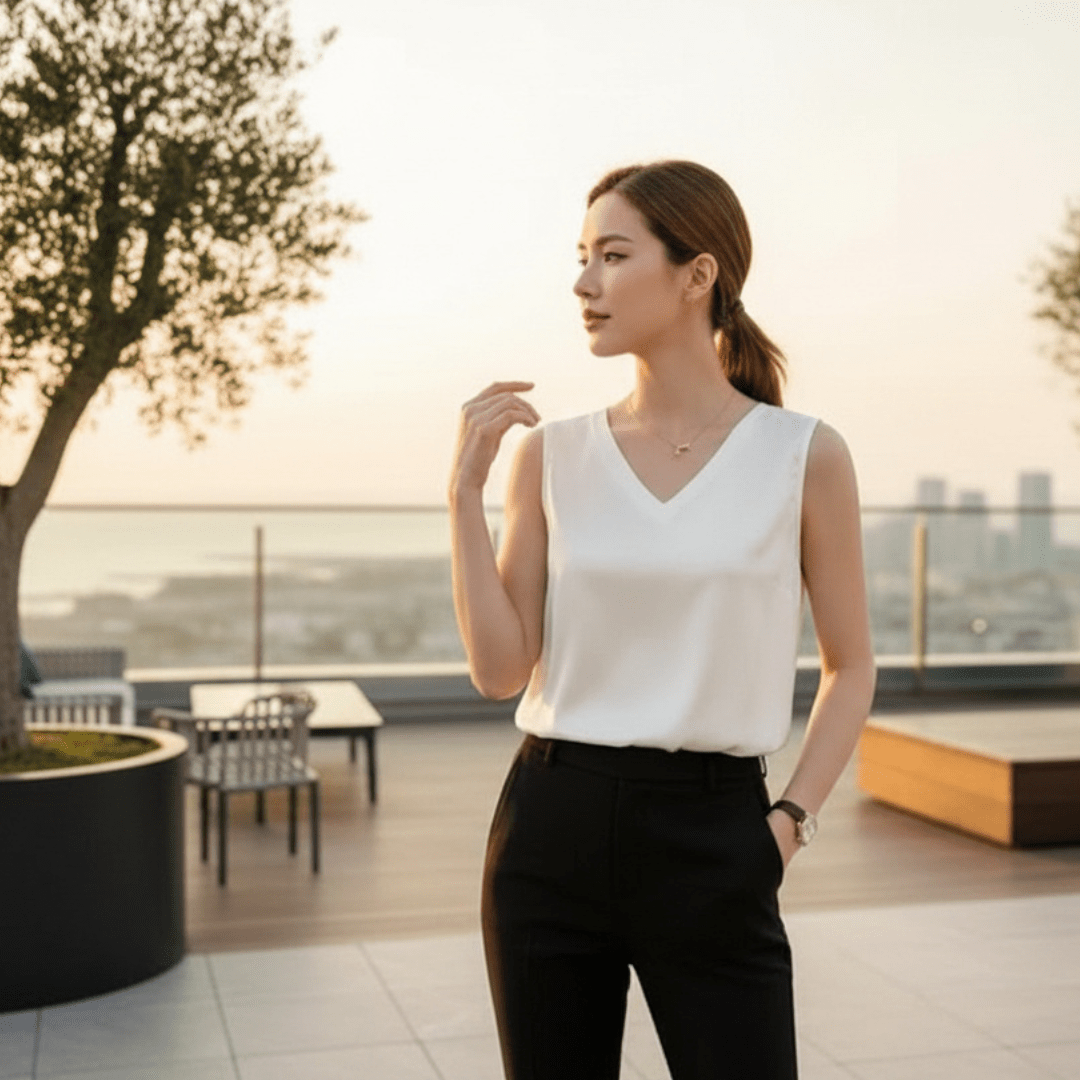 Woman in a white sleeveless top and black pants standing on a rooftop with a cityscape view.