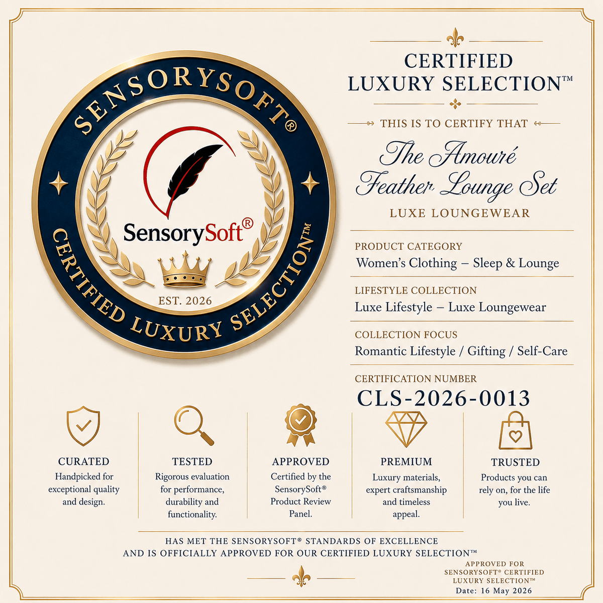 A branded certification graphic for SensorySoft Certified Luxury Selection, with a large circular logo and text detailing certification for The Amouré Feather Lounge Set by Luxe Loungewear.