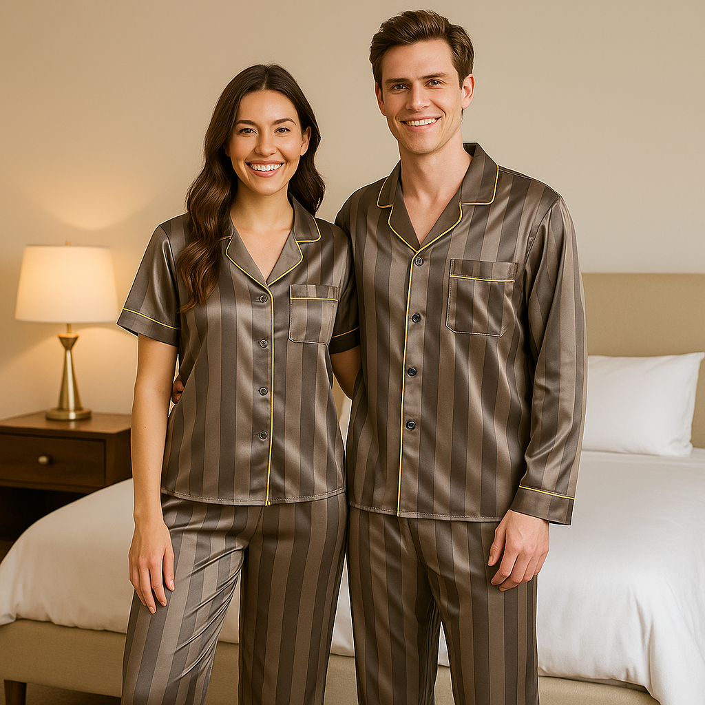 Couples Luxury Silk Pajamas Sets-Pink and Grey