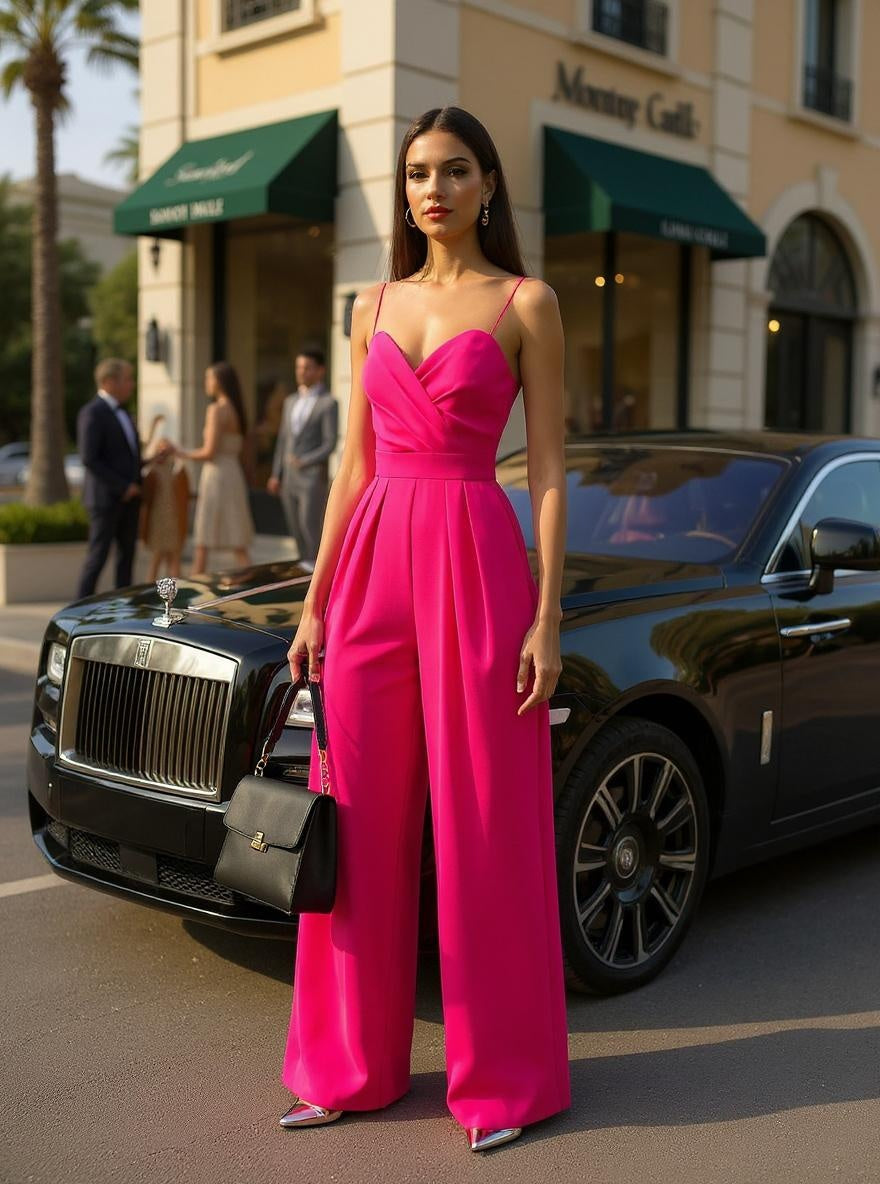 Jumpsuit - Wide Leg Skirt Pants - Casual Bodysuit in Pink and Black