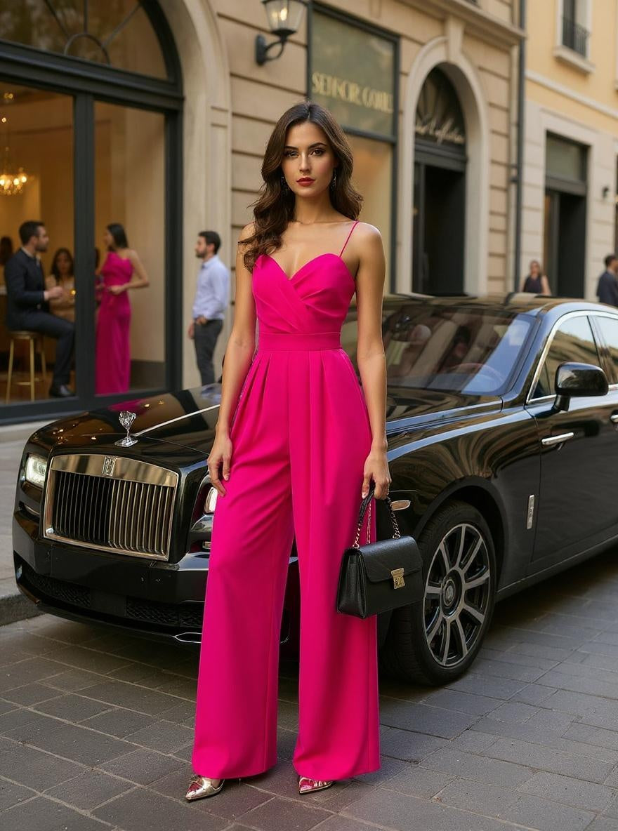 Jumpsuit - Wide Leg Skirt Pants - Casual Bodysuit in Pink and Black