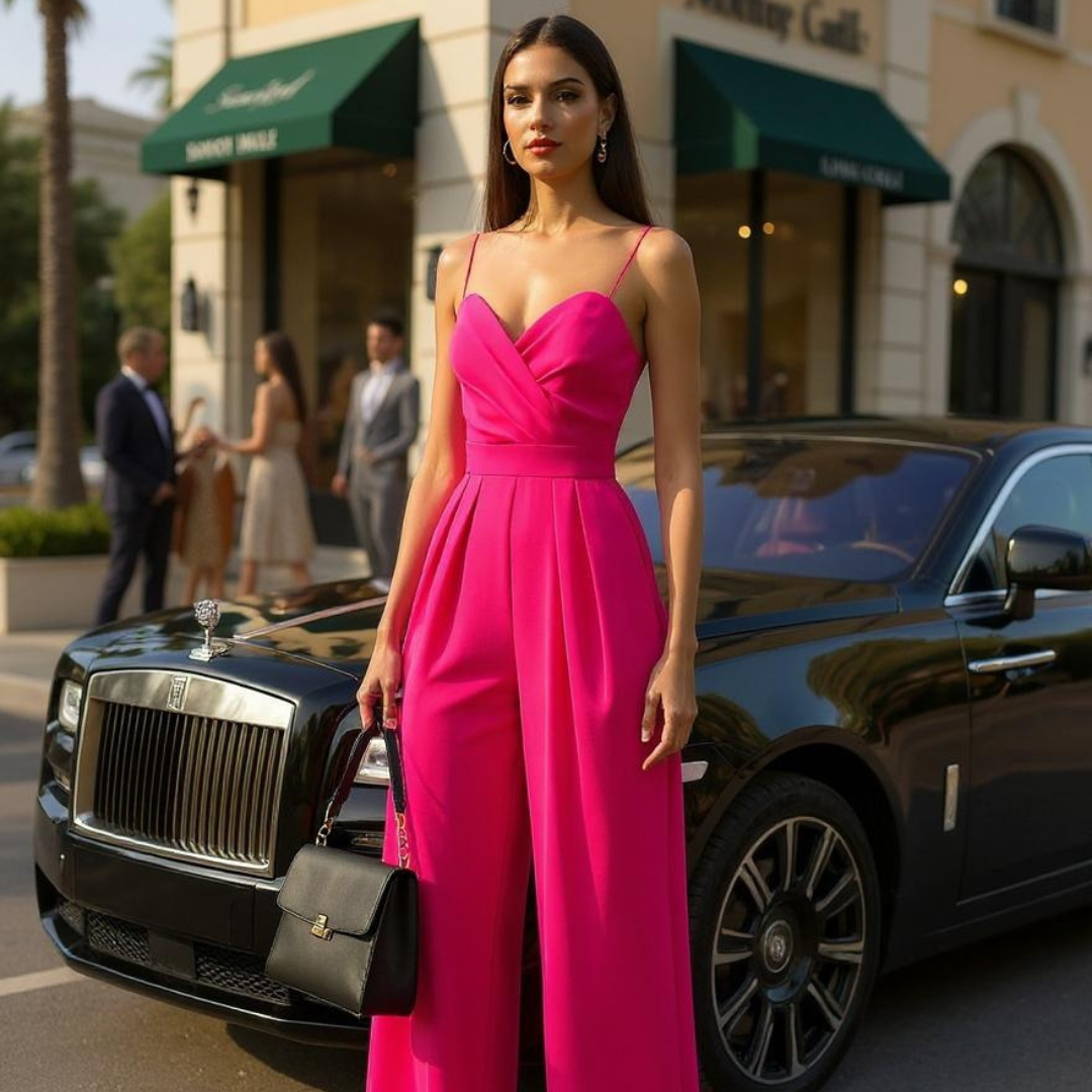 Jumpsuit - Wide Leg Skirt Pants - Casual Bodysuit in Pink and Black