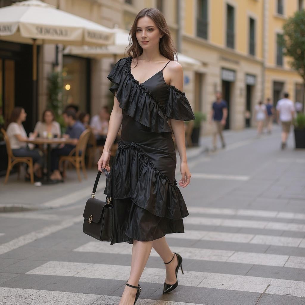 Off-Shoulder Ruffled Bodycon Dress - Black