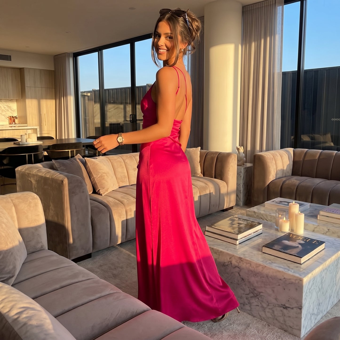 Over the Shoulder High Split Satin Maxi Dress