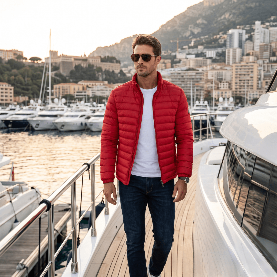 A man wearing a bright red puffer jacket, white t-shirt, and dark blue jeans walks on a wooden yacht deck with a marina and mountains in the background.