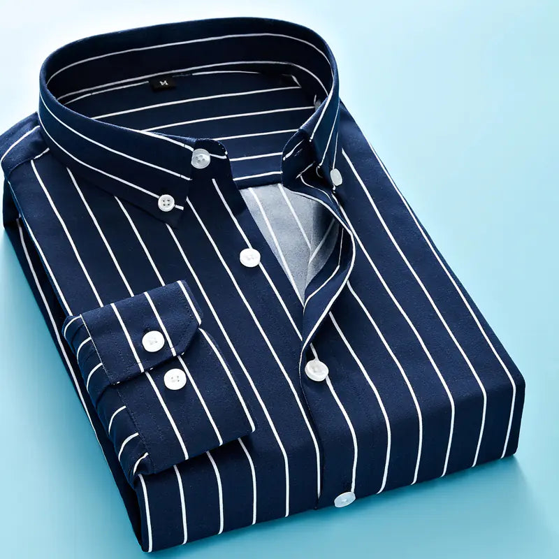 Men's Long Sleeve Striped Dress Shirt in Deep Navy Blue