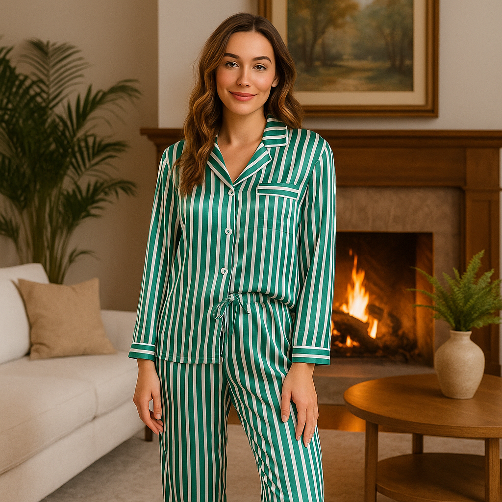 Two Piece Winter Pyjamas in Striped Satin Silk