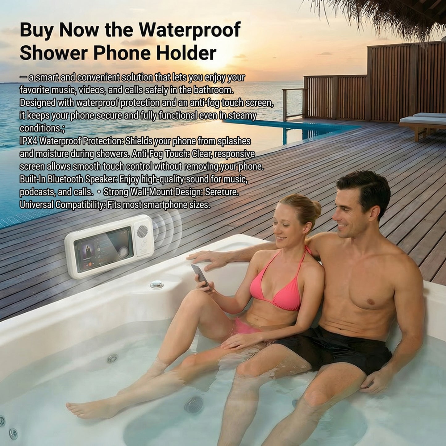 Couple in a hot tub with a waterproof shower phone holder, text about product features.