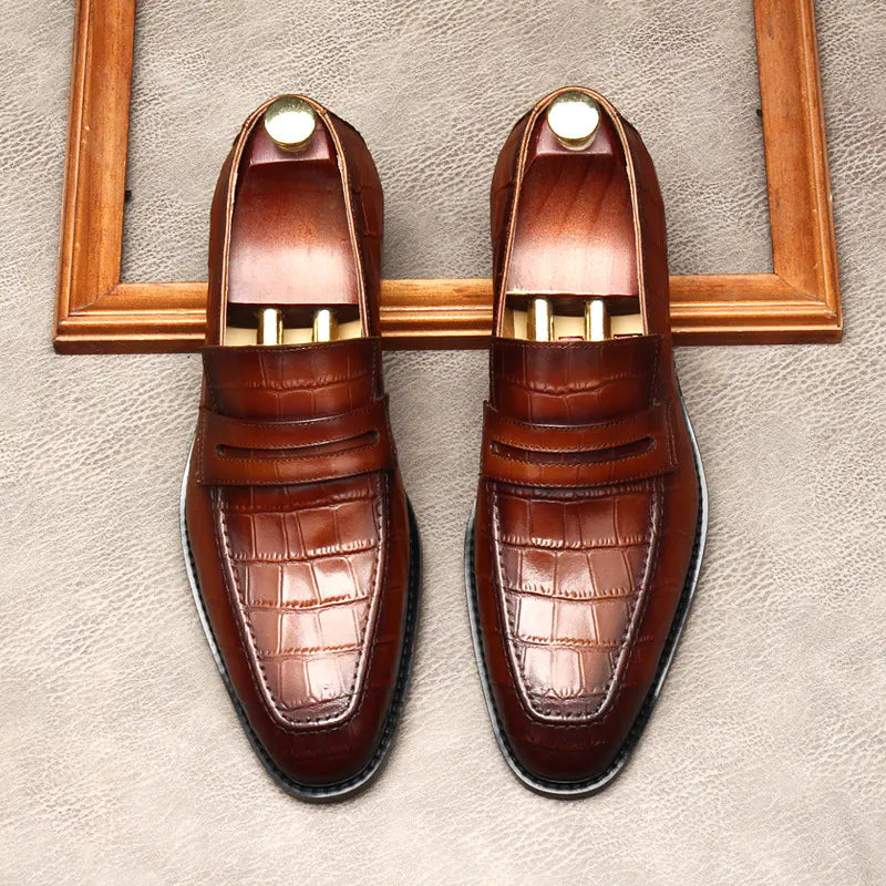 Men's Crocodile Pattern Leather Dress Shoes – Bold Elegance - In Brown Yellow