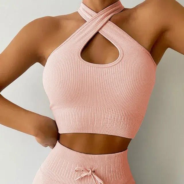 Backless Bra Strap Vest High Waist Leggings Shorts Fashion Sportswear - SensorySoft