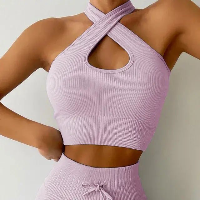 Backless Bra Strap Vest High Waist Leggings Shorts Fashion Sportswear - SensorySoft