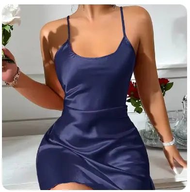 Backless Ice Silk Slip Dress – Summer Nightwear Elegance - Navy Blue Color - SensorySoft