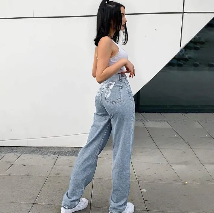 Butterfly Print Wide Straight Leg Blue Pants Jeans - SensorySoft