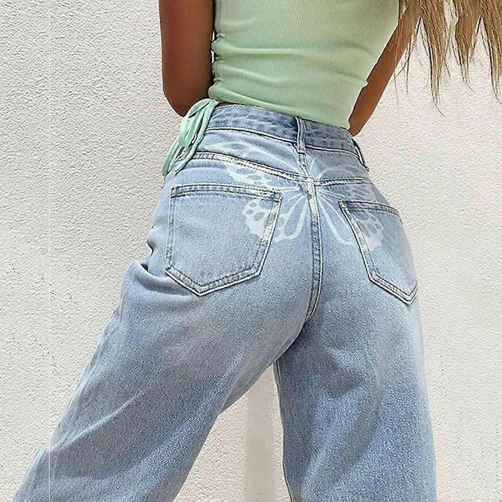 Butterfly Print Wide Straight Leg Blue Pants Jeans - SensorySoft