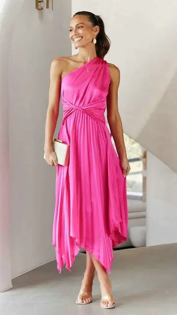Chic Satin One Shoulder Party Midi Dress - SensorySoft