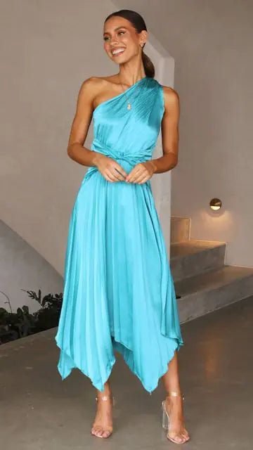 Chic Satin One Shoulder Party Midi Dress - SensorySoftShop