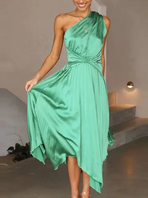 Chic Satin One Shoulder Party Midi Dress - SensorySoft