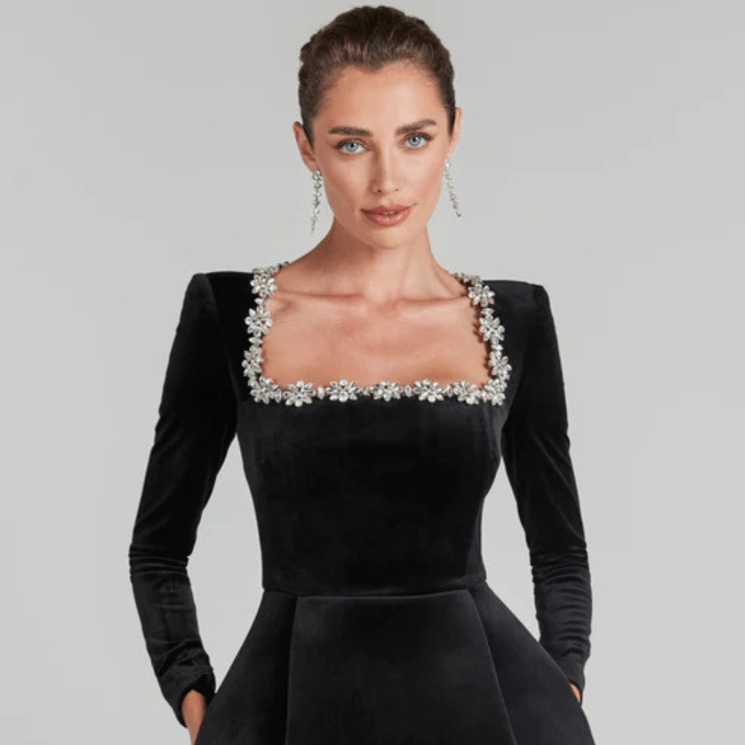 Chloe™ Maxikleid - Elegant Summer Long Sleeve Dress with Rhinestones - SensorySoftShop