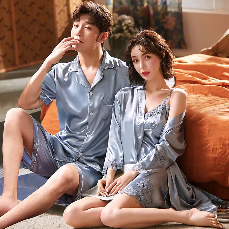 Couple's Ice Silk Summer Pajamas and Nightdress Set - SensorySoft