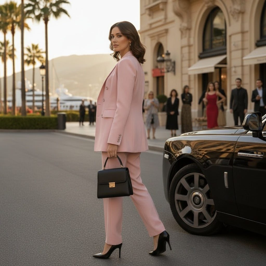 A woman in a light pink tailored blazer and matching trousers walks beside a black luxury car on a city street, holding a black handbag. Palm trees, buildings, and other pedestrians are visible in the background.