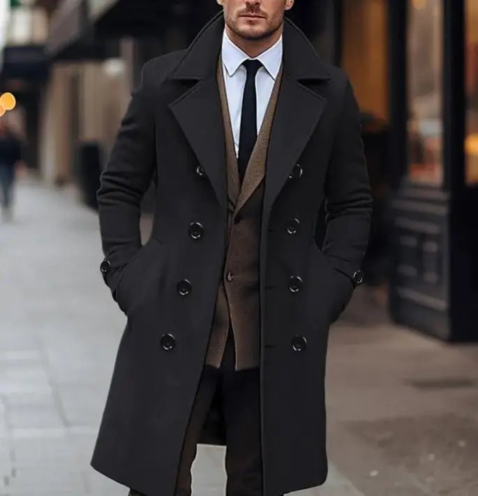 Fall Winter Men Woolen Coat Double Breasted Long - SensorySoft
