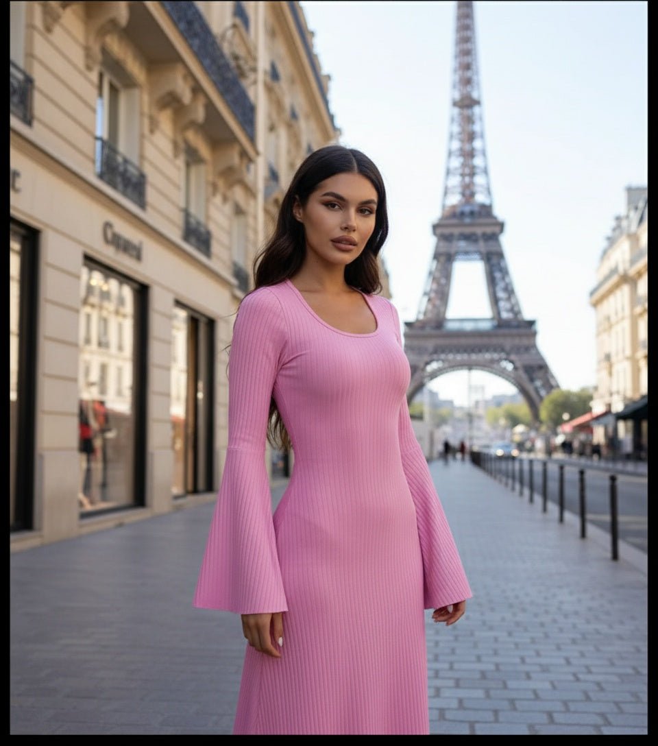 Fashion U - neck Dress Back Lace - up Long Bell Sleeve Dresses Women - SensorySoftShop