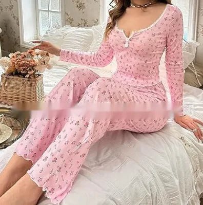 Floral Print Lettuce Edge Lace Collar Button Pajamas - SensorySoftShop