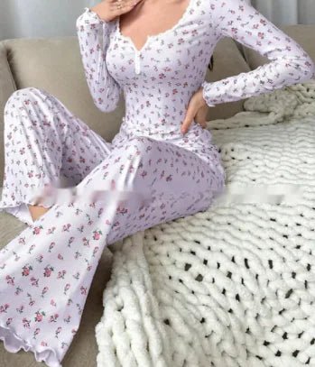 Floral Print Lettuce Edge Lace Collar Button Pajamas - SensorySoftShop