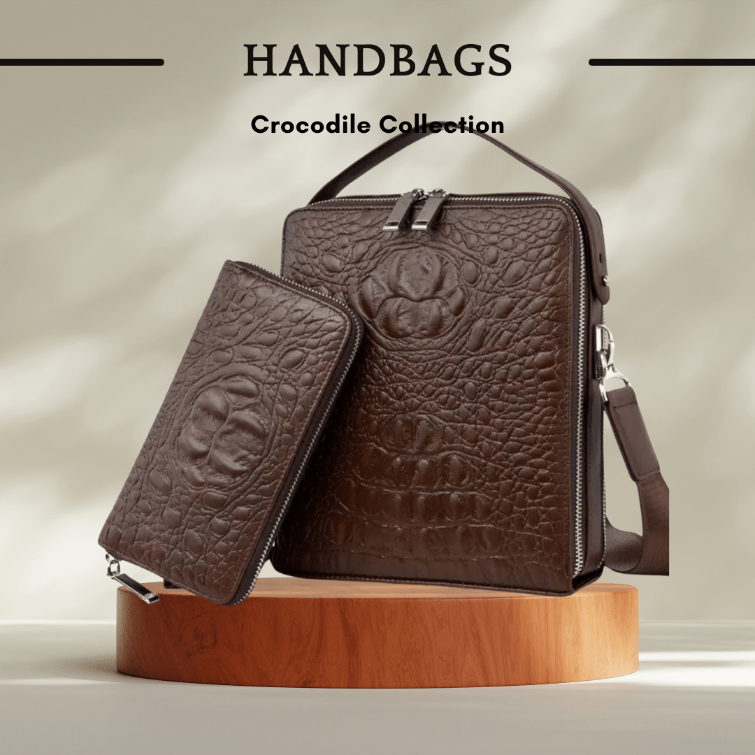Genuine Leather Crocodile Pattern Handbag - Two Piece Set - SensorySoft