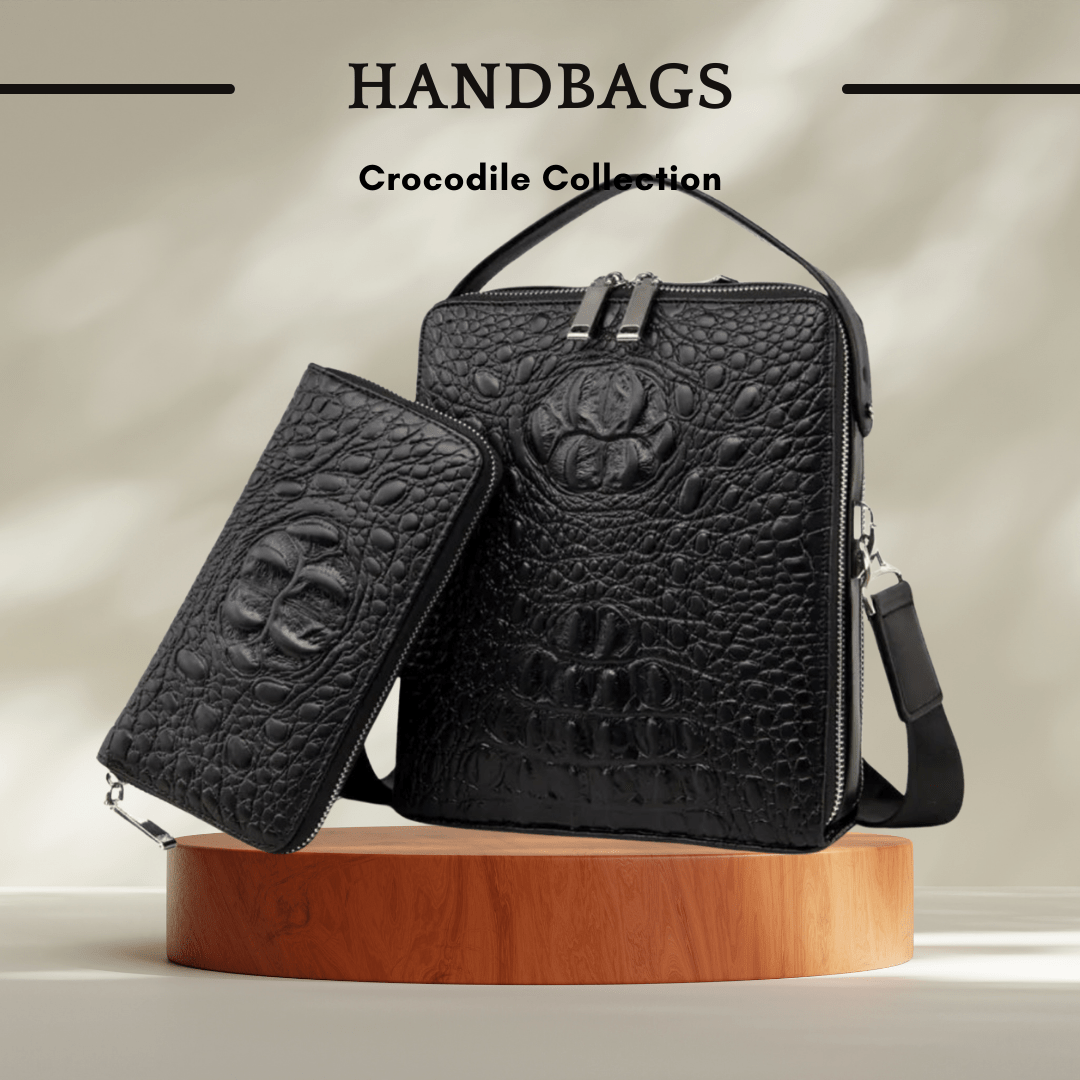 Genuine Leather Crocodile Pattern Handbag - Two Piece Set - SensorySoft