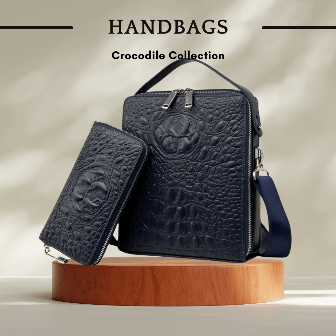 Genuine Leather Crocodile Pattern Handbag - Two Piece Set - SensorySoft