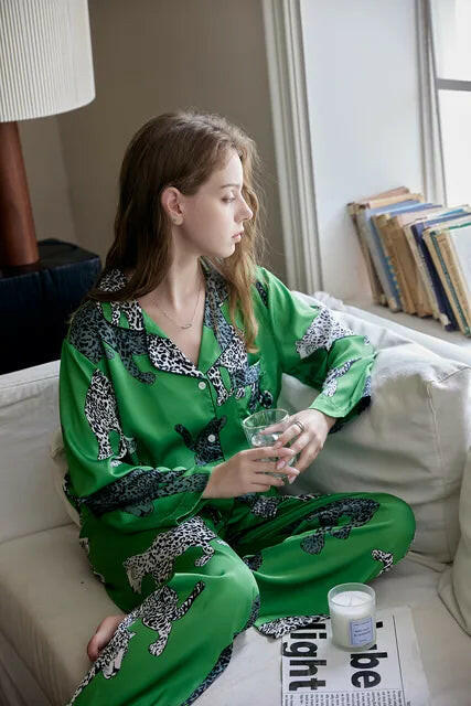 Green Leopard Printed Women Sleepwear Silk - SensorySoftShop