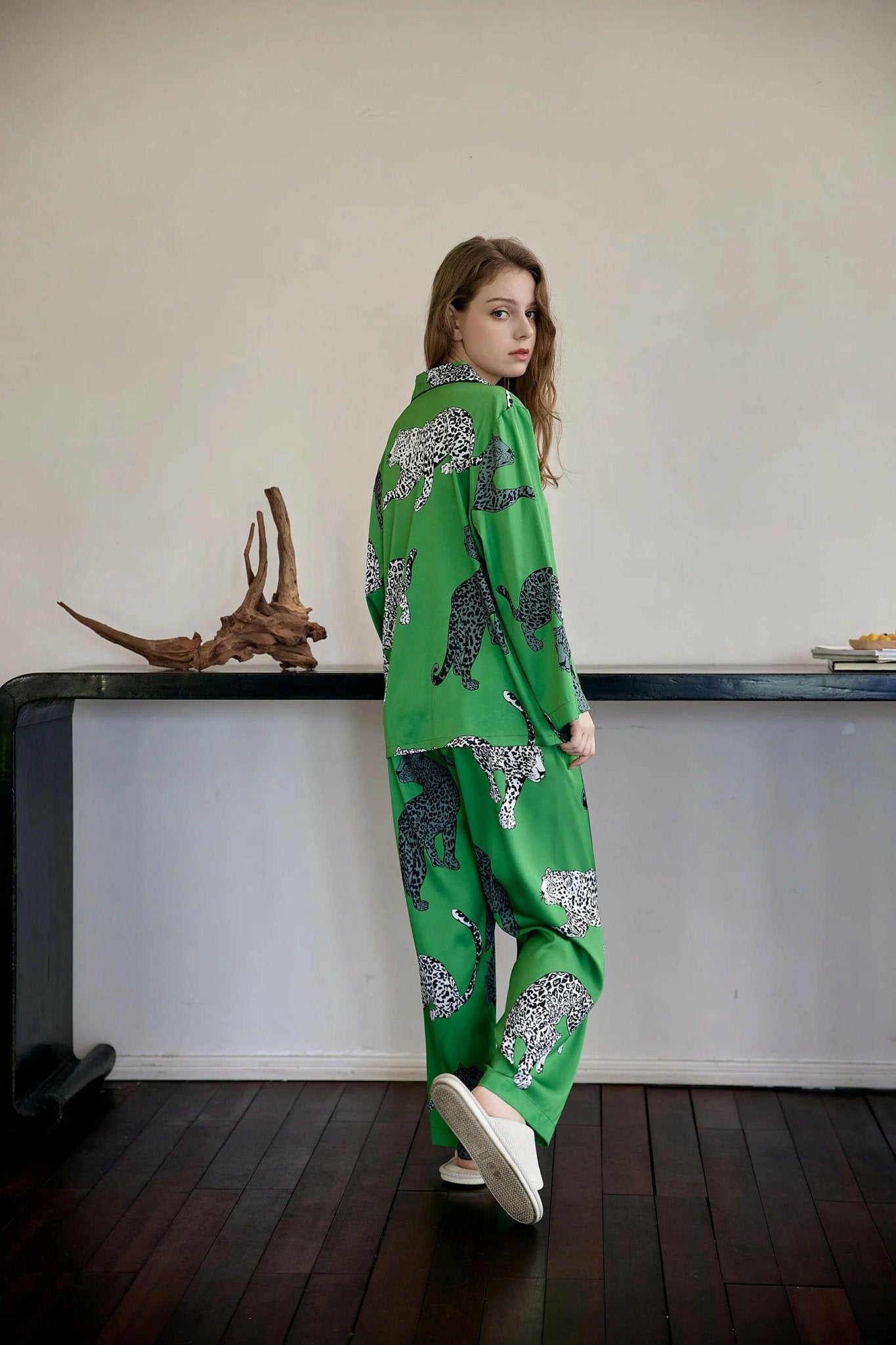 Green Leopard Printed Women Sleepwear Silk - SensorySoftShop