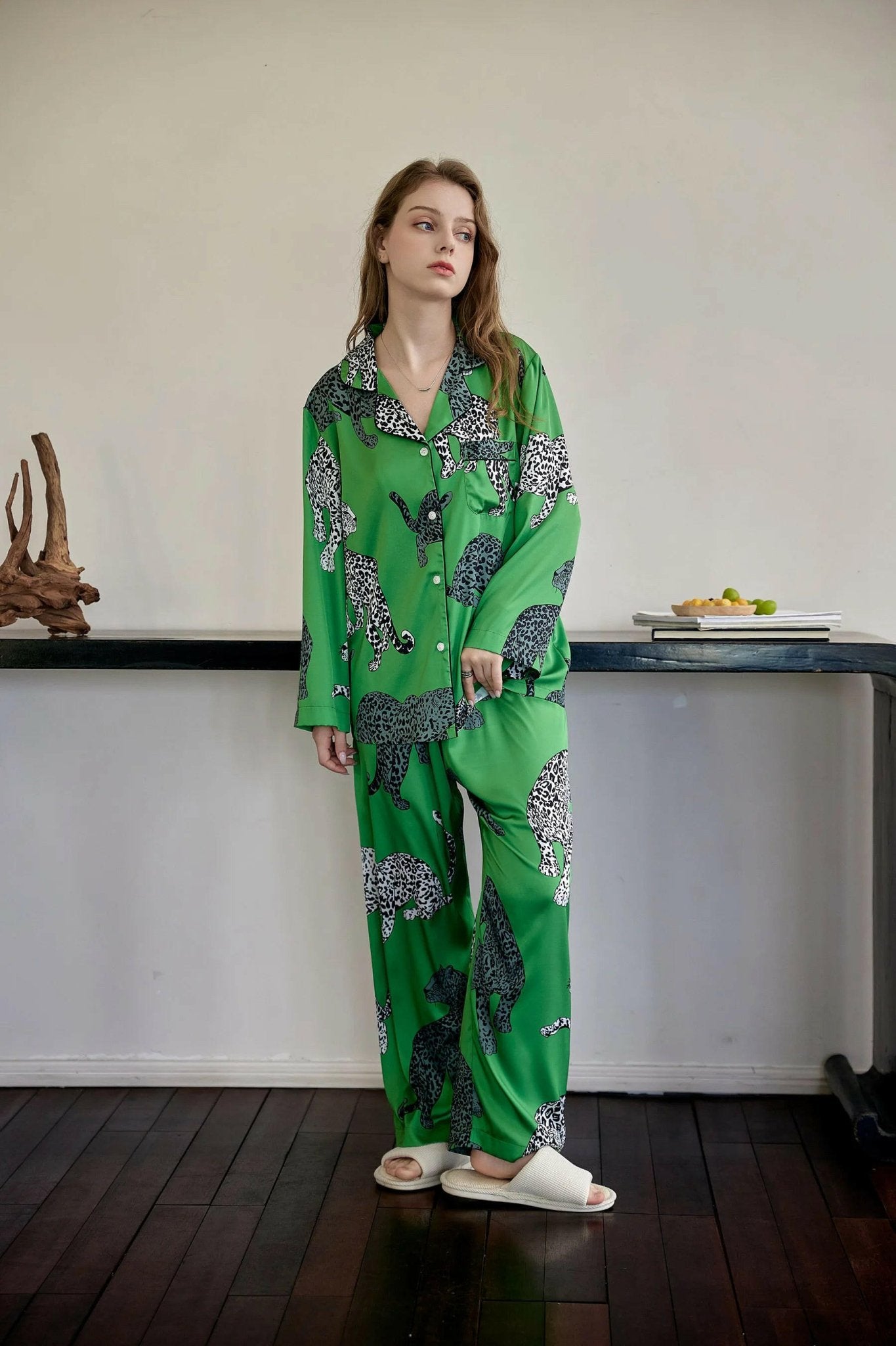 Green Leopard Printed Women Sleepwear Silk - SensorySoftShop