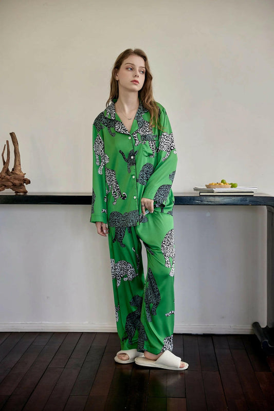 Green Leopard Printed Women Sleepwear Silk - SensorySoftShop