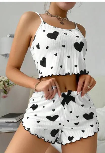 Heart Print Suspender Pajama Set – Stripe Outerwear Loungewear for Women - SensorySoft