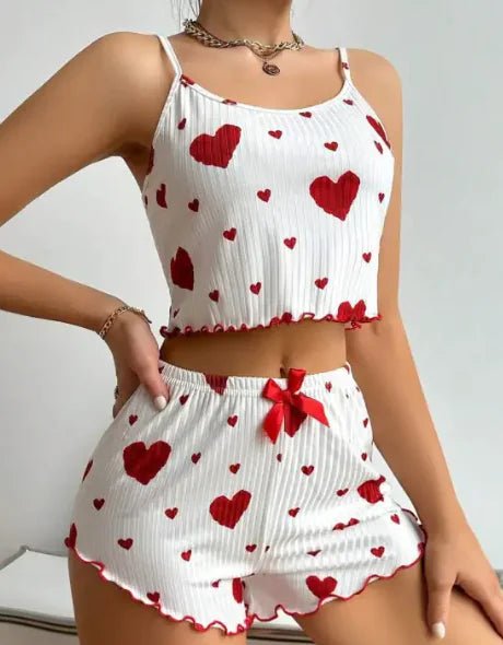 Heart Print Suspender Pajama Set – Stripe Outerwear Loungewear for Women - SensorySoft