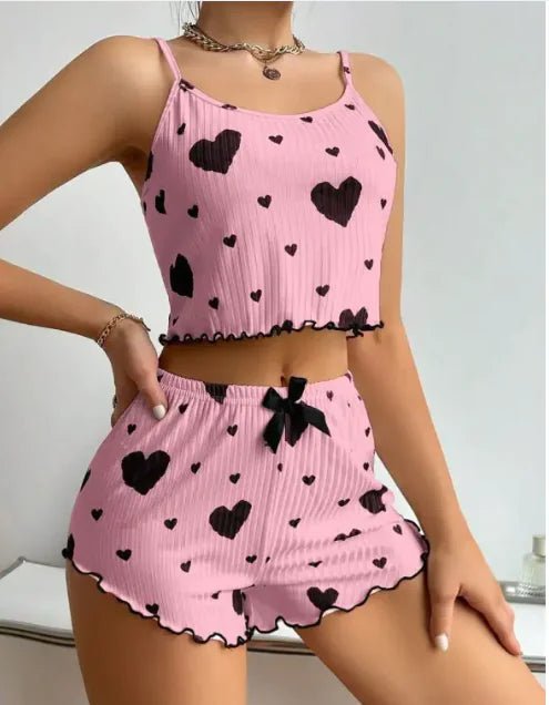 Heart Print Suspender Pajama Set – Stripe Outerwear Loungewear for Women - SensorySoft