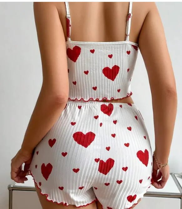 Heart Print Suspender Pajama Set – Stripe Outerwear Loungewear for Women - SensorySoft