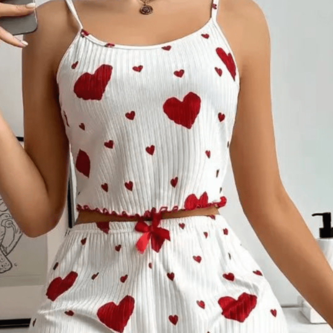 Heart Print Suspender Pyjama Set – Lounge Wear for Women - SensorySoftShop