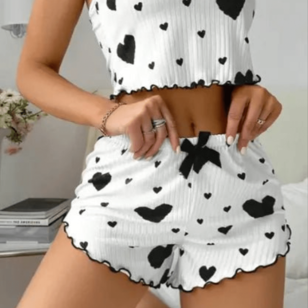 Heart Print Suspender Pyjama Set – Lounge Wear for Women - SensorySoftShop