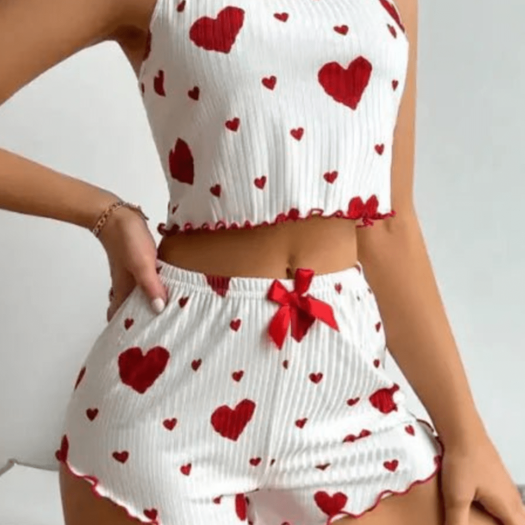 Heart Print Suspender Pyjama Set – Lounge Wear for Women - SensorySoftShop