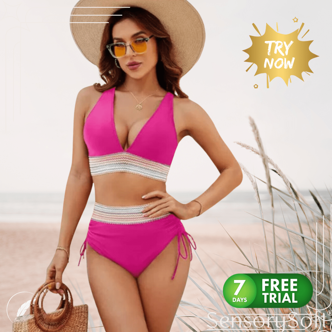 High - Waist Color Block Bikini Set with Drawstring Detail - SensorySoft