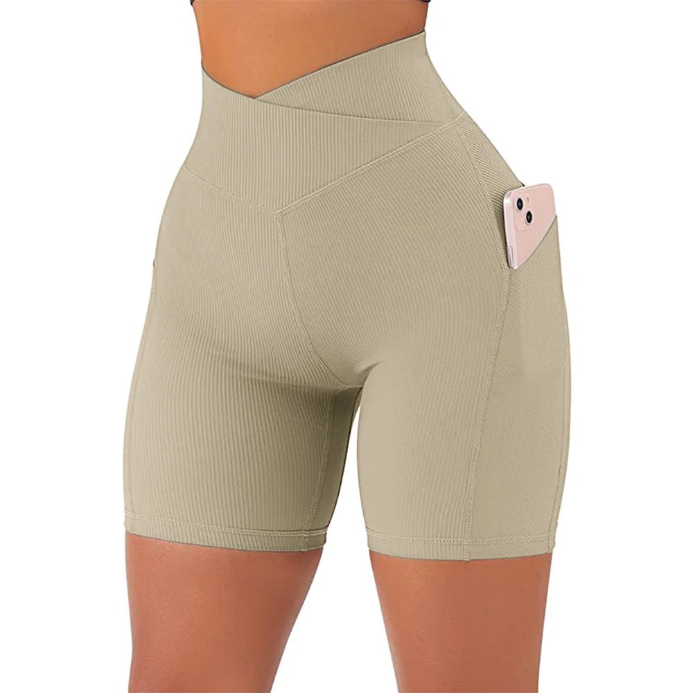 High Waist Cross Workout Shorts with Side Pockets for Women - SensorySoft