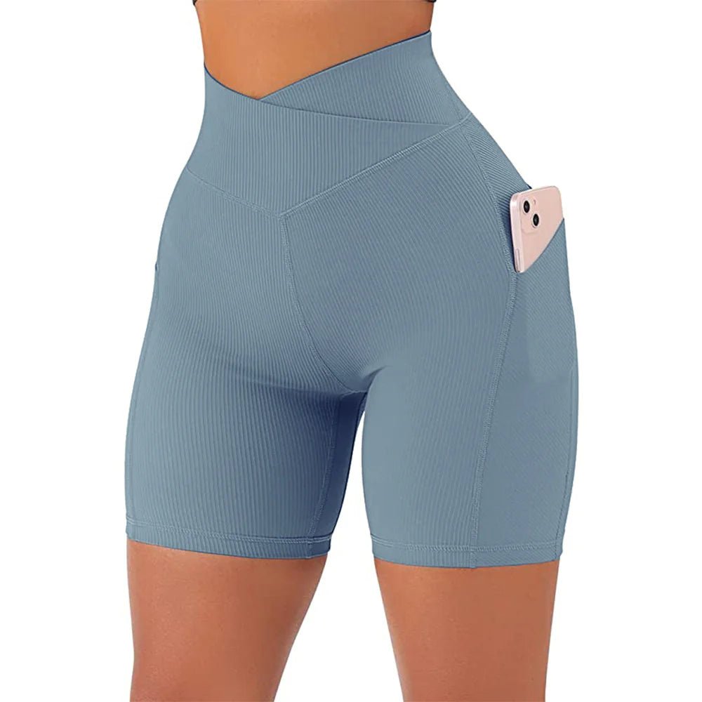 High Waist Cross Workout Shorts with Side Pockets for Women - SensorySoft