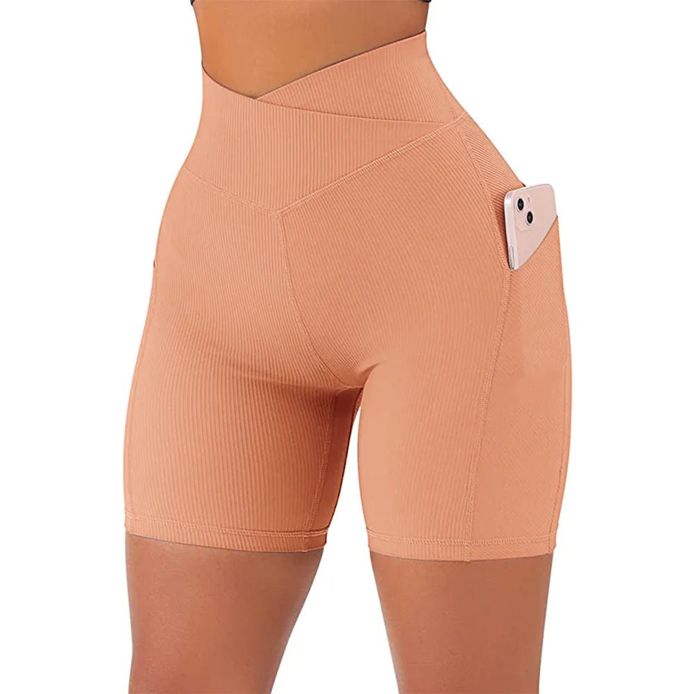 High Waist Cross Workout Shorts with Side Pockets for Women - SensorySoft