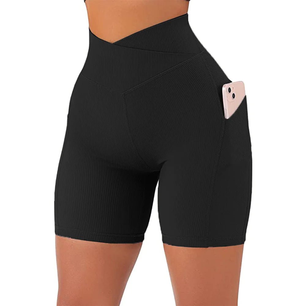 High Waist Cross Workout Shorts with Side Pockets for Women - SensorySoft